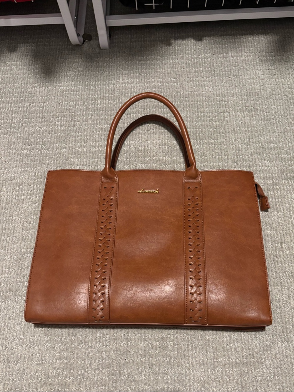Classic Tan Leather Tote with Woven-Trim Handles